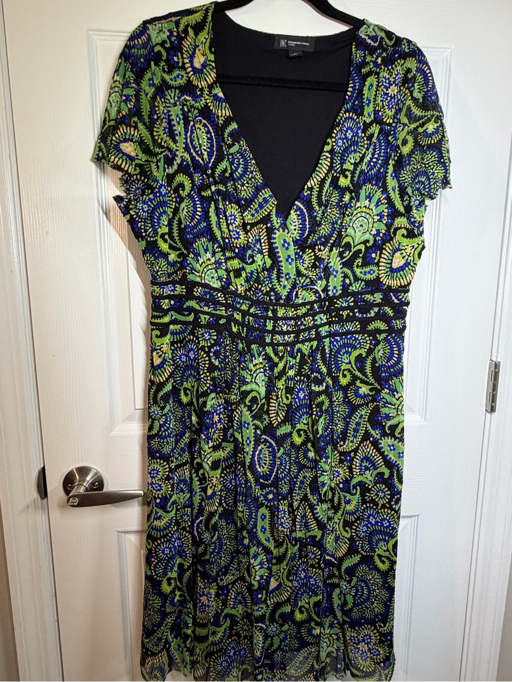 INC International Concepts Blue & Green Paisley V-Neck Midi Dress